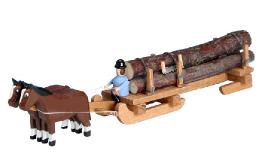 Miniatur-Pferdegespann Langholzschlitten